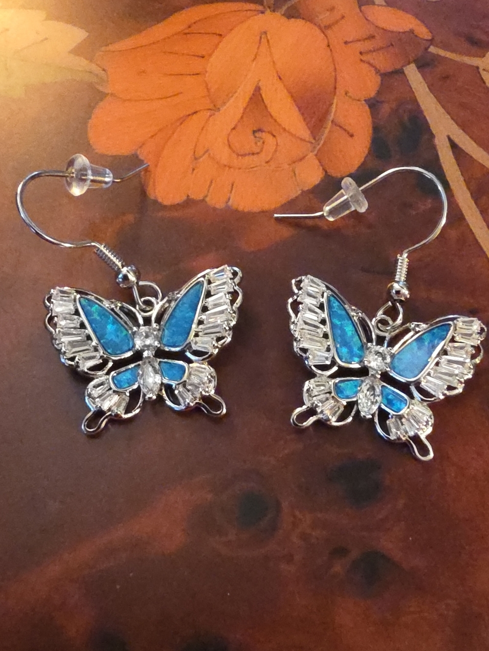 Silver Tone Butterfly Drop Earrings with Lab Created Blue Opal Accents